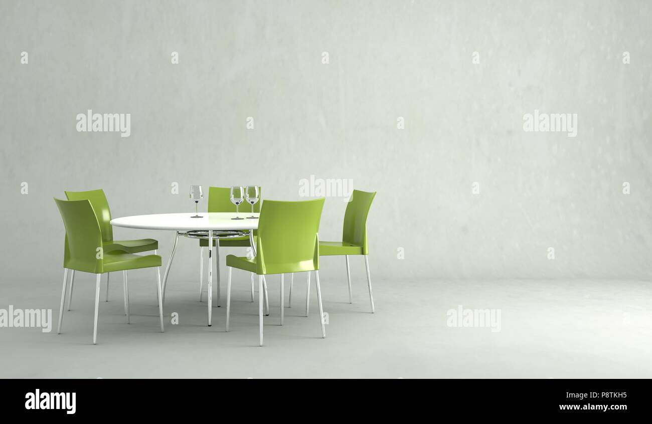 Dining room interior design tabel with green chairs Stock Photo - Alamy