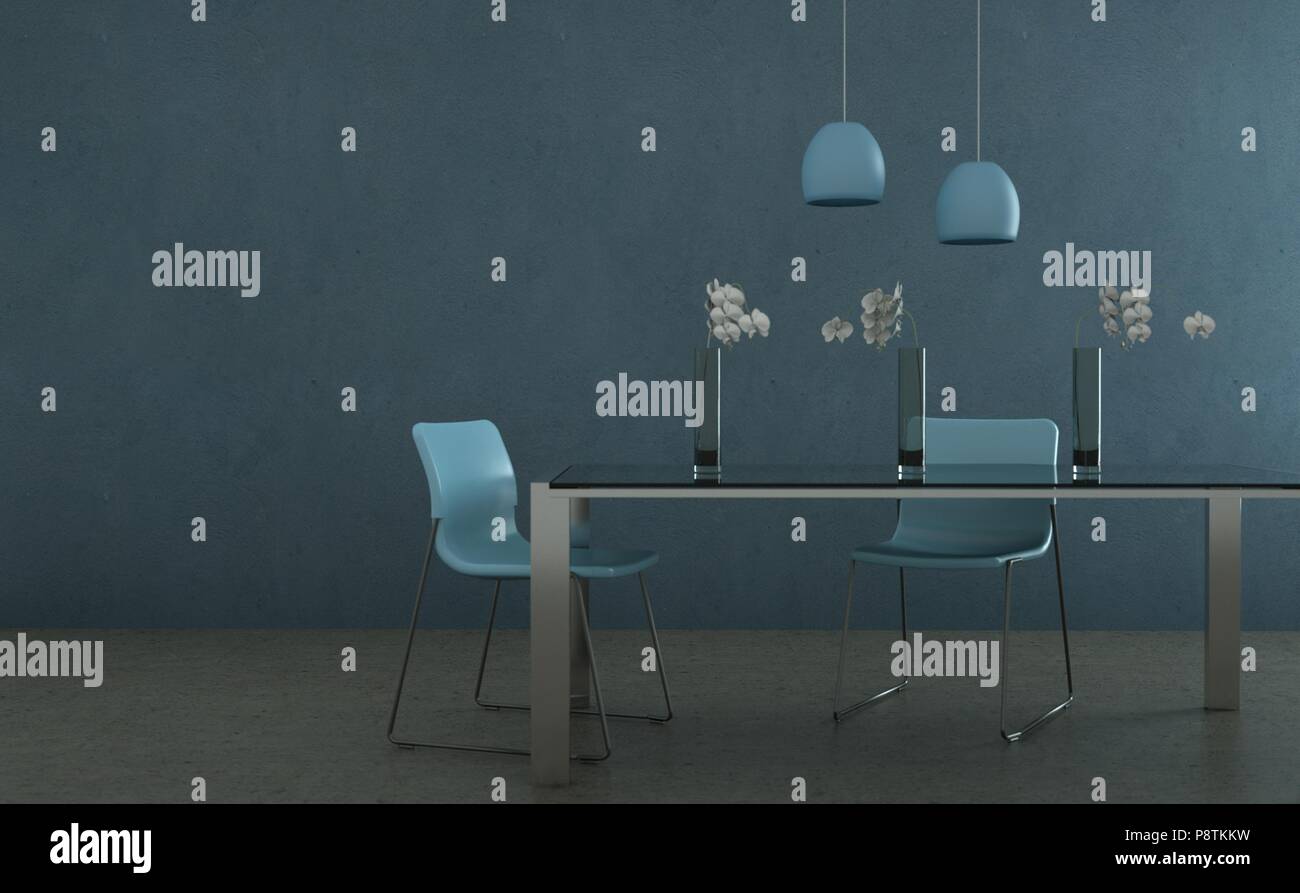 Dining room interior design tabel with blue chairs Stock Photo - Alamy