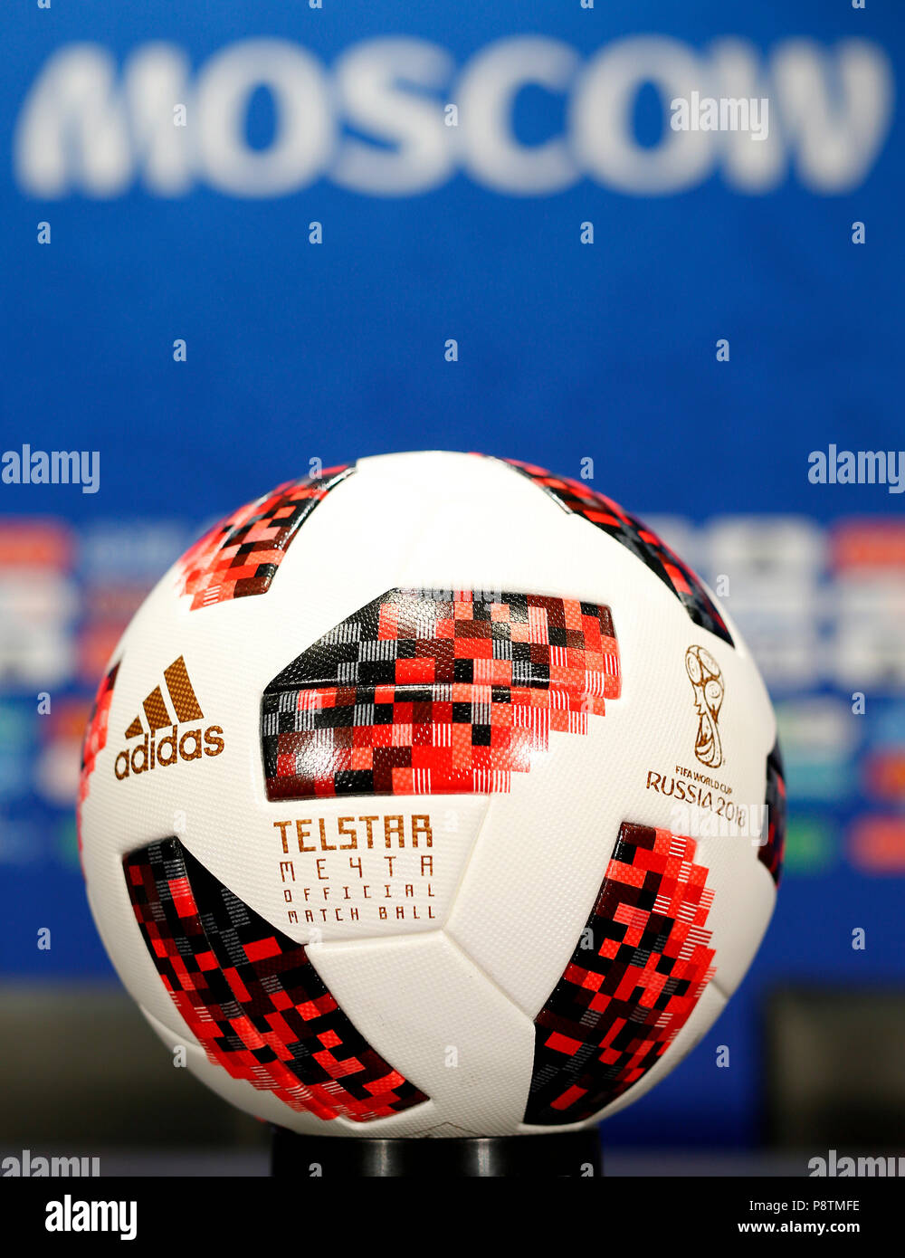 Moscow, Russia. 13th July, 2018. GENERAL PICTURES MOSCOW 2018 - Adidas  Telstar ball at the table, ahead of FIFA President Gianni Infantino's  preonfconference at the Luzhniki stadium in Moscow, Russia. (Photo: Rodolfo