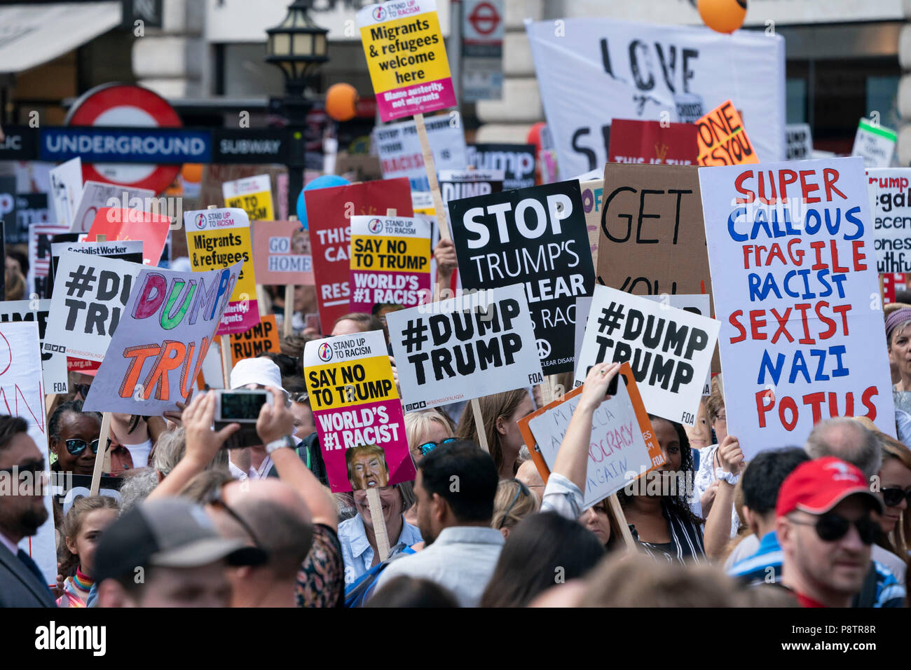 LONDON - JULY 13: A protest march against the visit to the UK by US President, Donald Trump, passes through Central London on July 13, 2018,. Photo by David Levenson Credit: David Levenson/Alamy Live News Stock Photo