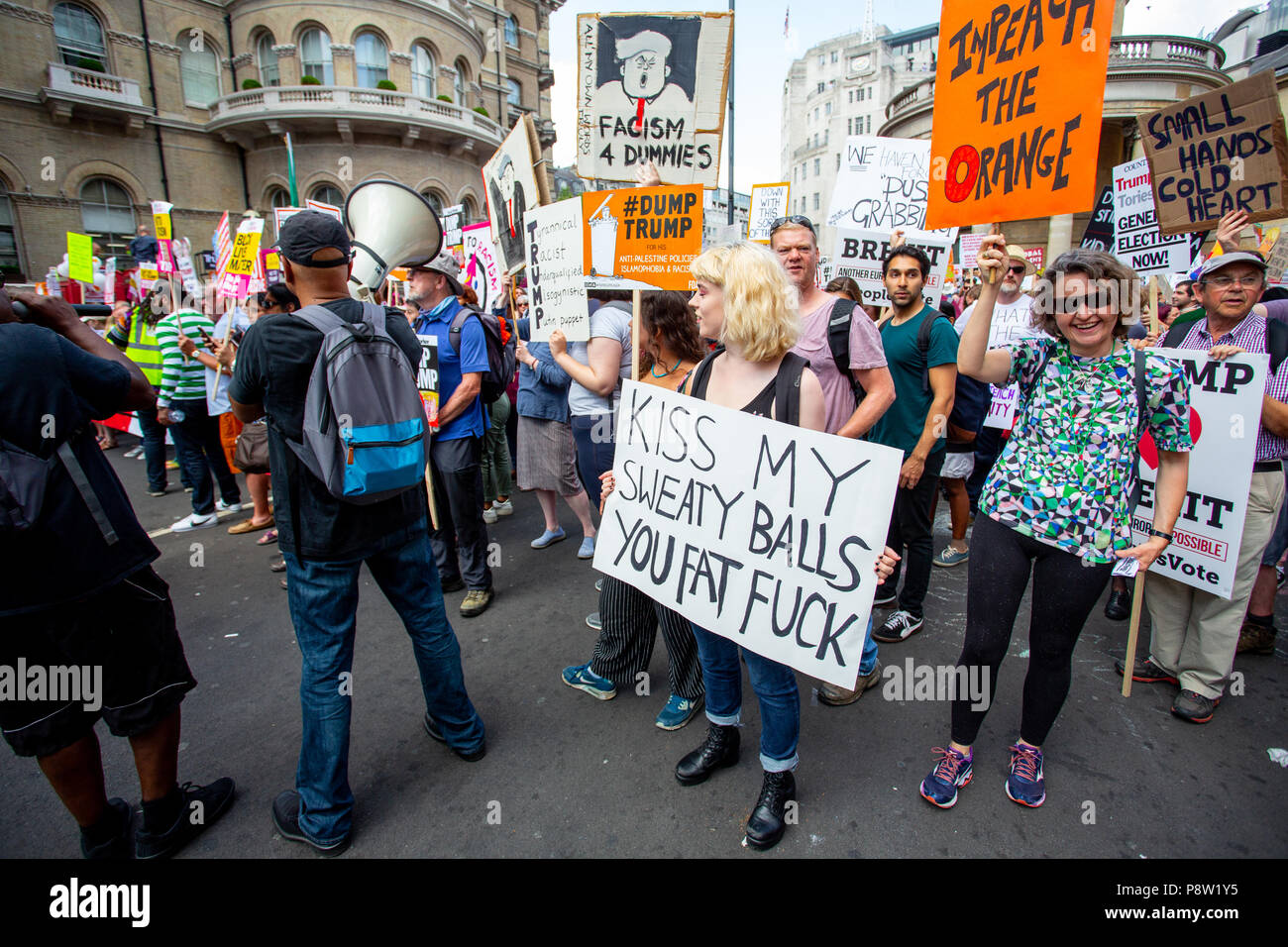 London/United Kingdom - July 13, 2018: Protests against Donald Trump continue with a march in central London ending up in Trafalgar Square for a rally. Some signs were less than complimentary. Credit: Martin Leitch/Alamy Live News Stock Photo
