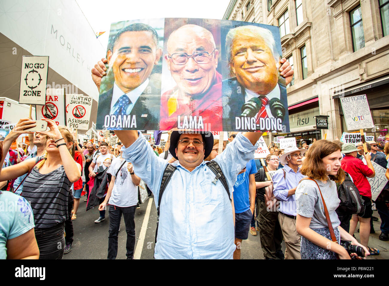 London/United Kingdom - July 13, 2018: Protests against Donald Trump continue with a march in central London ending up in Trafalgar Square for a rally. Some signs were very creative. Credit: Martin Leitch/Alamy Live News Stock Photo