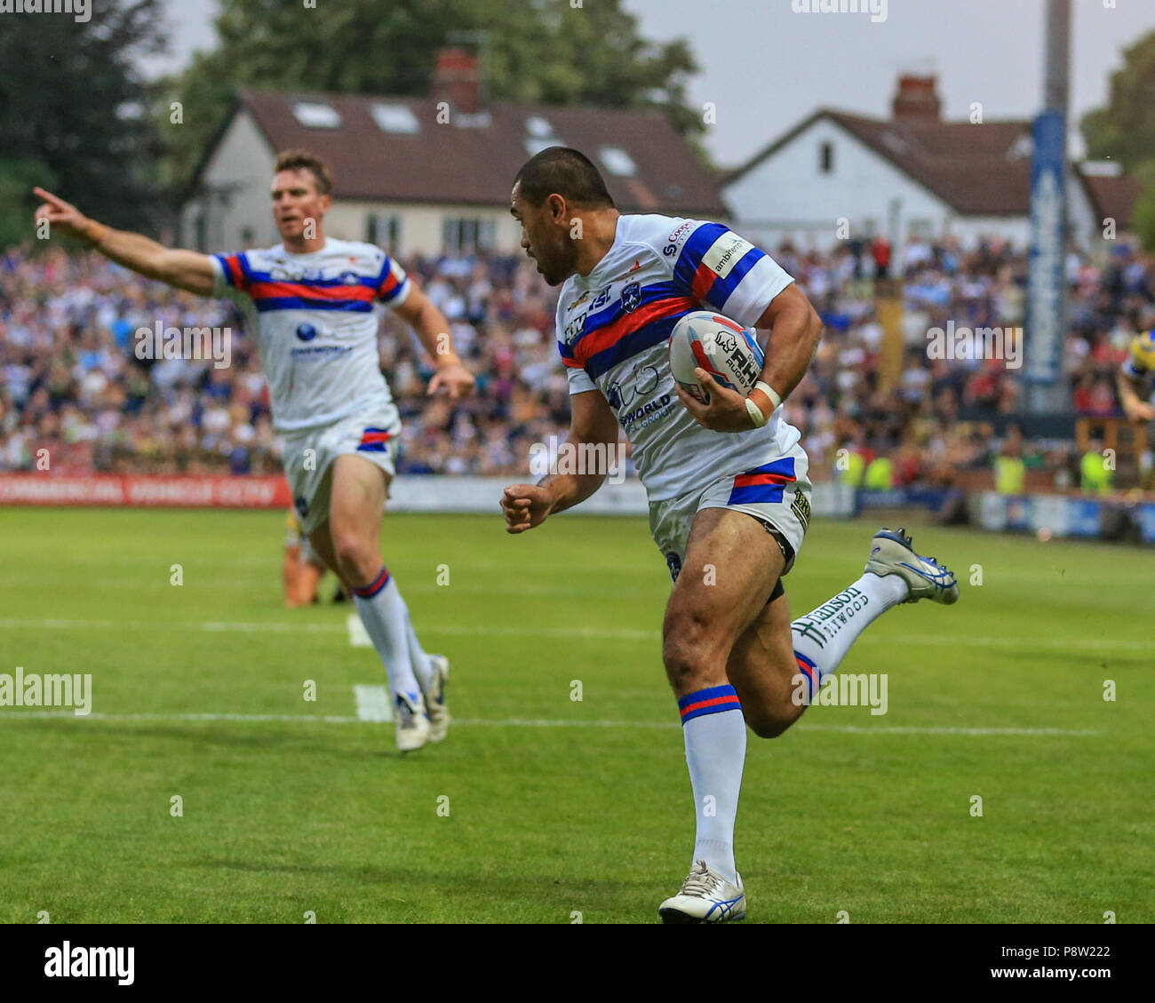 Friday 13th July 2018 , Emerald Headingley Stadium, Leeds, England; Betfred Super League, Leeds Rhinos v Wakefield Trinity; Bill Tupou of Wakefield Trinity makes a solo 50 yard dash to go over for a try Credit: News Images /Alamy Live News Stock Photo