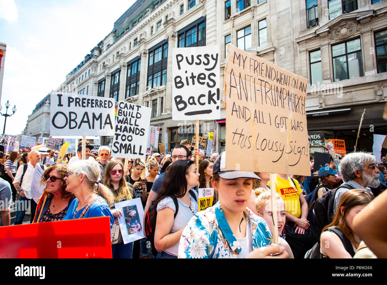 London/United Kingdom - July 13, 2018: Protests against Donald Trump continue with a march in central London ending up in Trafalgar Square for a rally. No topic was left unturned. Credit: Martin Leitch/Alamy Live News Stock Photo