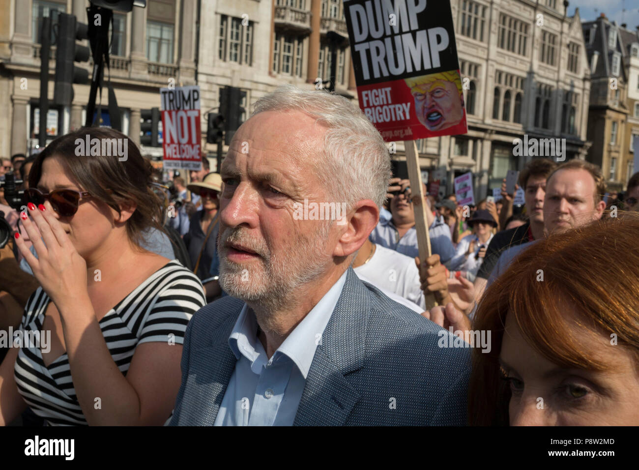London, UK: Labour leader Jeremy Corbyn joins protesters against the visit of US President Donald Trump to the UK, who marched through central London, on 13th July 2018, in London, England.  Photo by Richard Baker / Alamy Live News Stock Photo