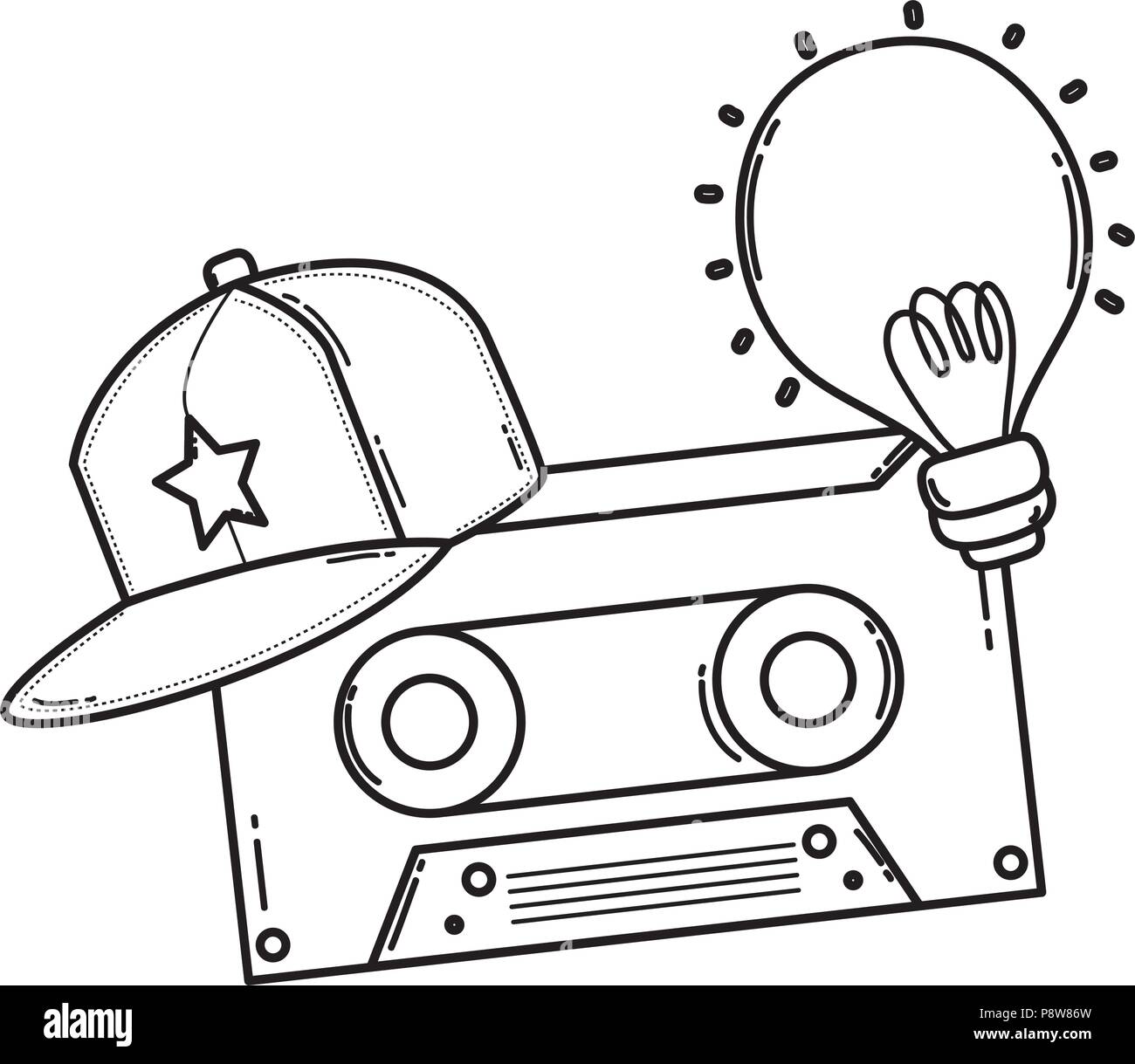 line retro cassette tape with cap and bulb vector illustration Stock ...