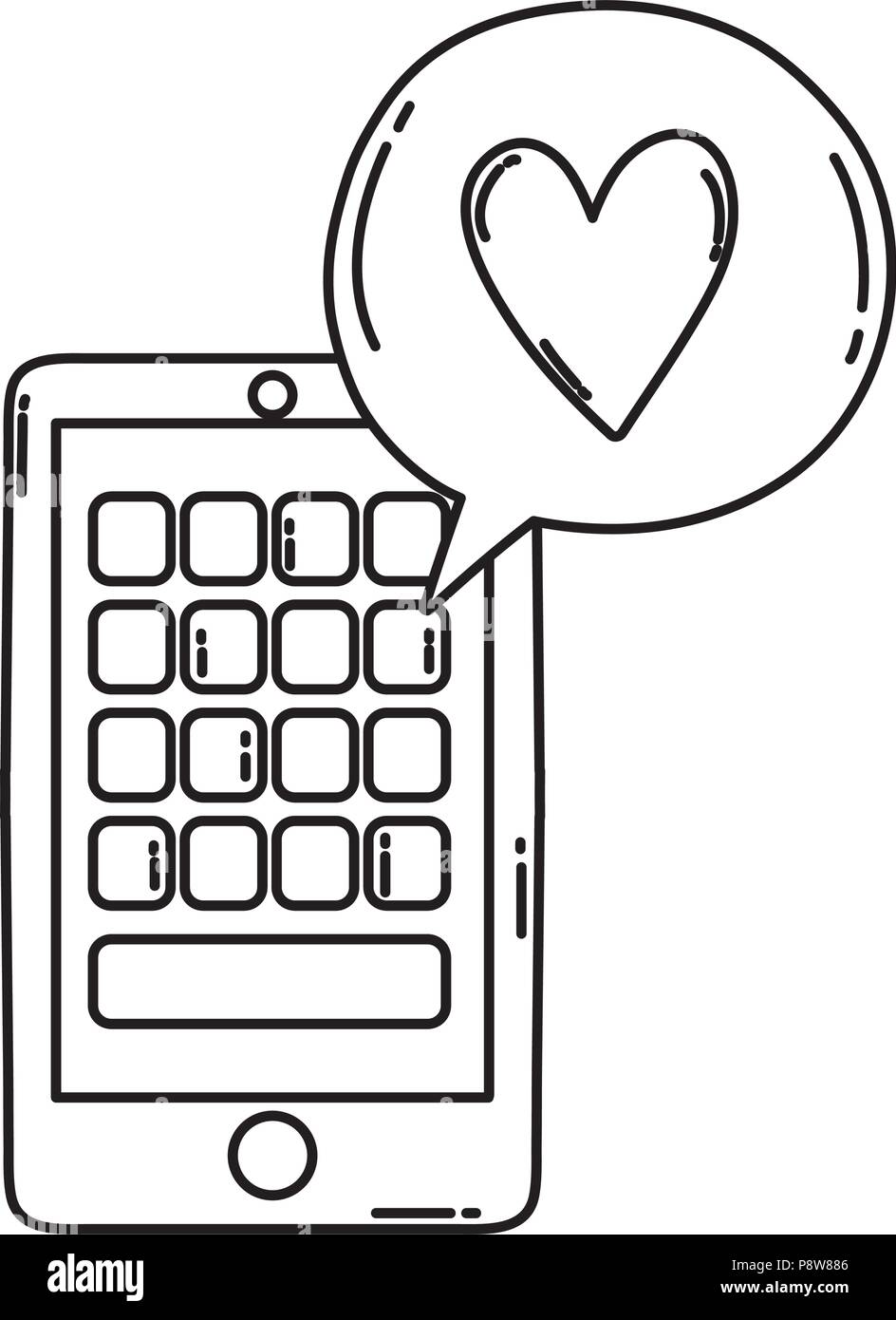 line smartphone with apps and heart inside chat bubble vector ...