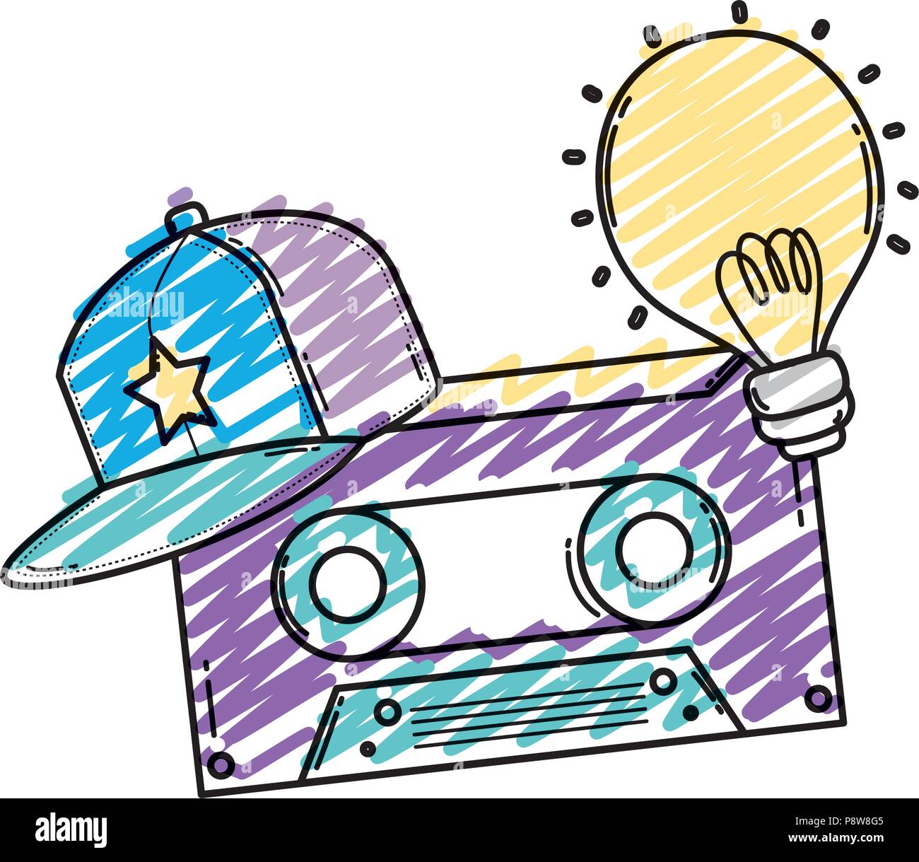 doodle retro cassette tape with cap and bulb vector illustration Stock ...