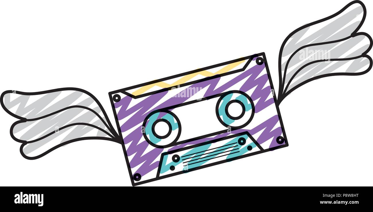 doodle cassette retro tape with wings style vector illustration Stock ...