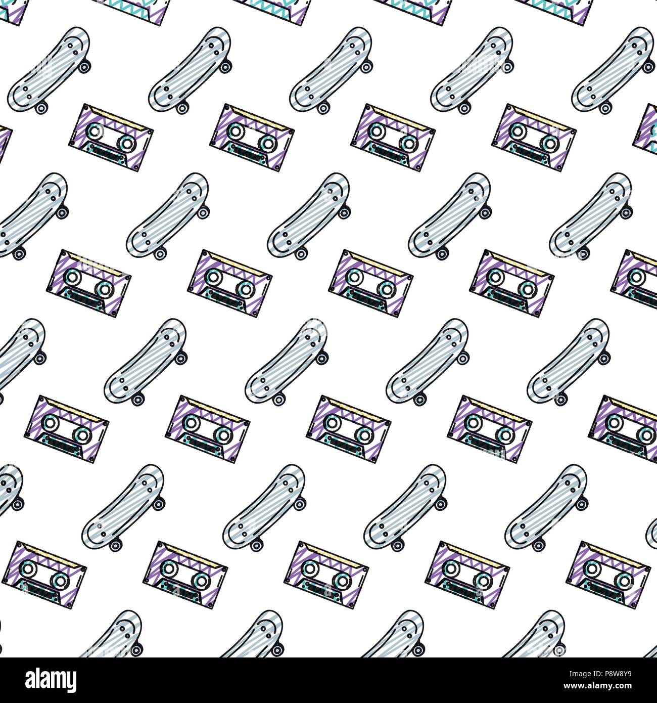 doodle skateboard object and cassette tape background vector ...