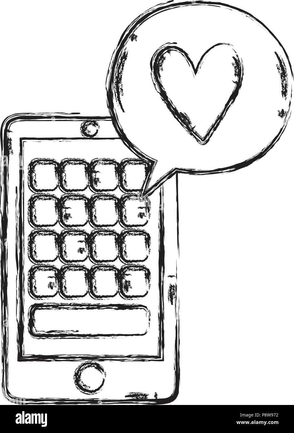 grunge smartphone with apps and heart inside chat bubble vector ...