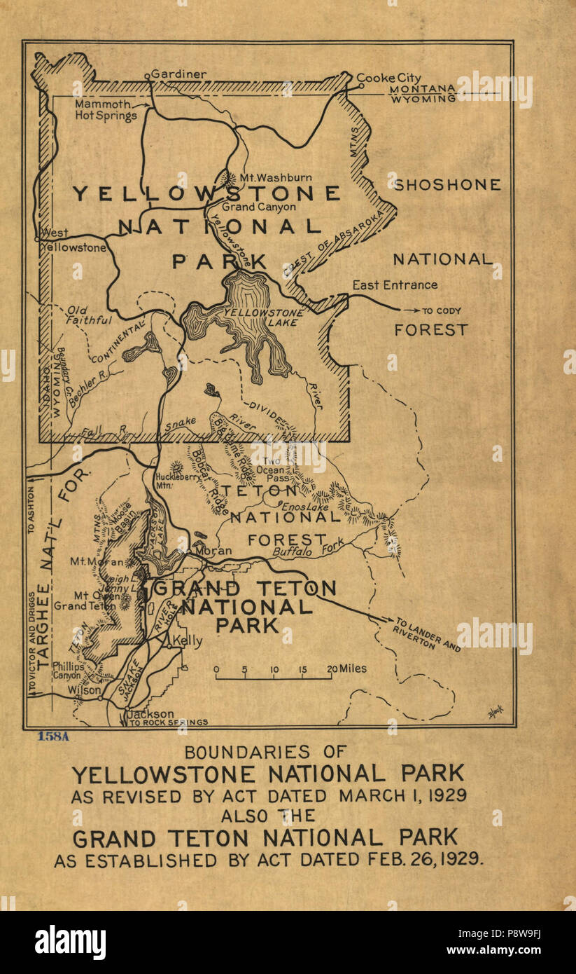 .   66 Boundaries of Yellowstone National Park as revised by act dated March 1, 1929, also the Grand Teton National Park as established by act dated Feb. 26, 1929. LOC 97683583 Stock Photo
