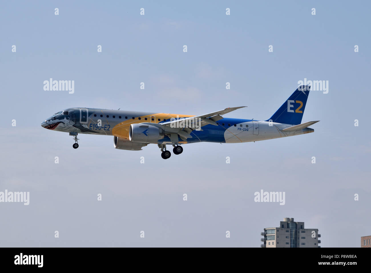 The all new Embraer E190 E2 medium range jet airliner makes its maiden arrival to London City Airport located in London’s Royal Docks Stock Photo