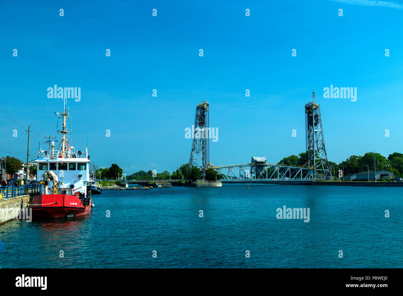 Welland Canal Ontario Canada. Port Colborne Bridge 21 Clarence Street Vertical-lift bridge. Stock Photo