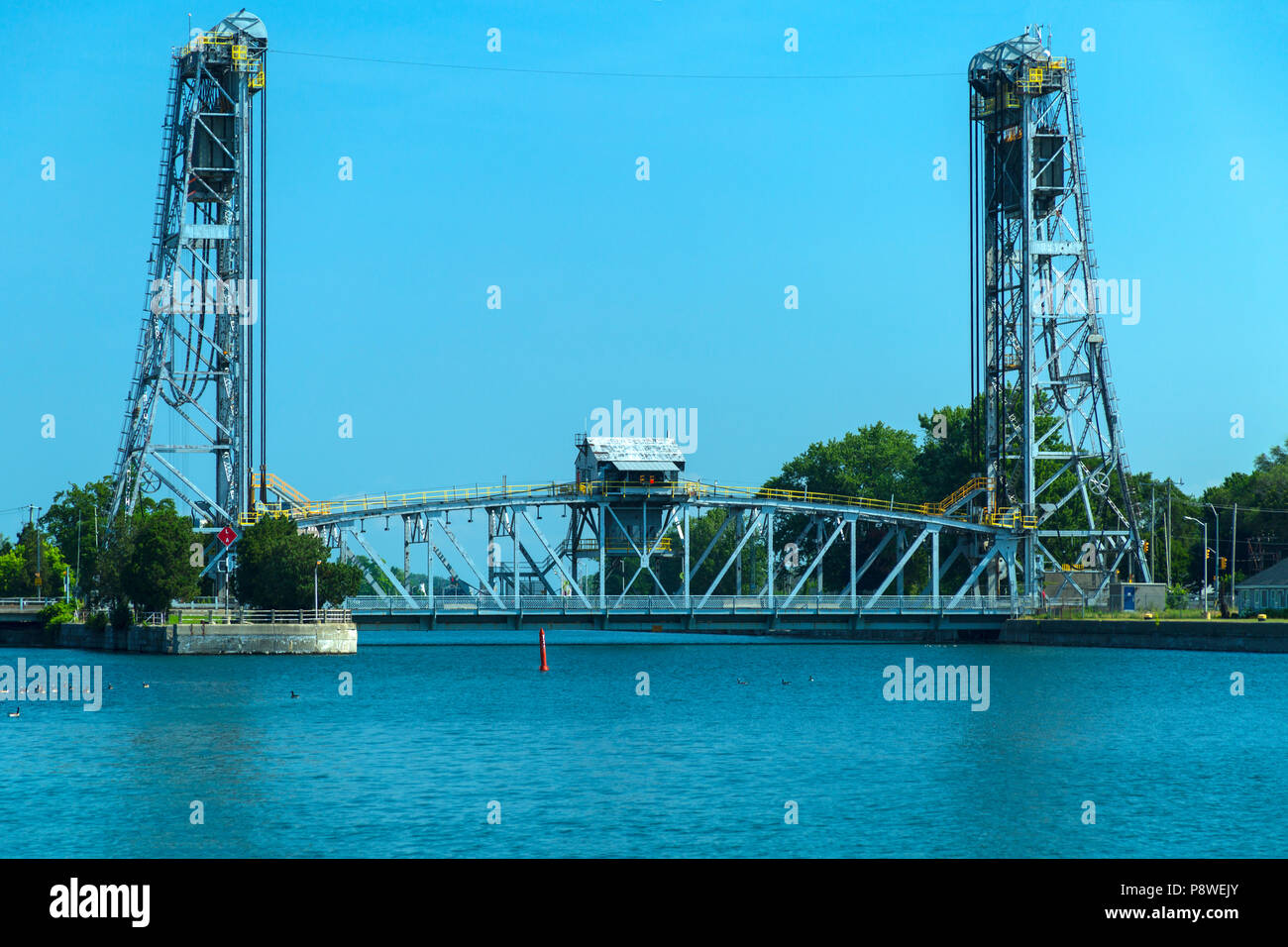 Welland Canal Ontario Canada. Port Colborne Bridge 21 Clarence Street Vertical-lift bridge. Stock Photo