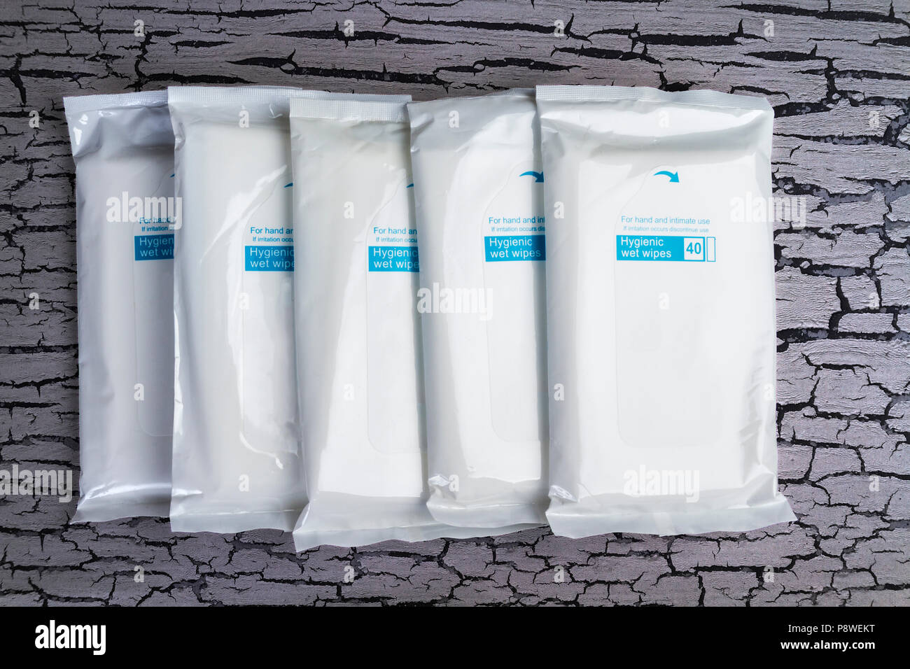 Packets of wet wipes Stock Photo