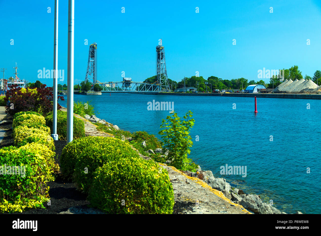 Welland Canal Ontario Canada. Port Colborne Bridge 21 Clarence Street Vertical-lift bridge. Stock Photo