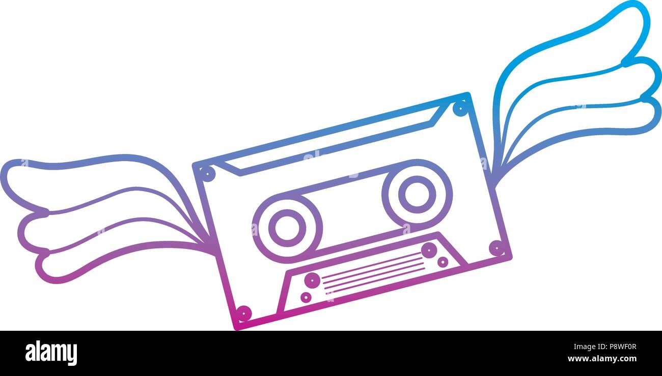 degraded line cassette retro tape with wings style vector illustration ...