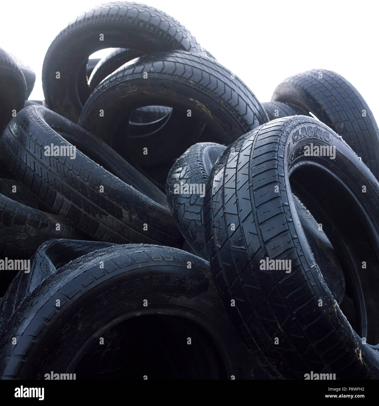Pile of old worn tires, close up, France, Europe Stock Photo