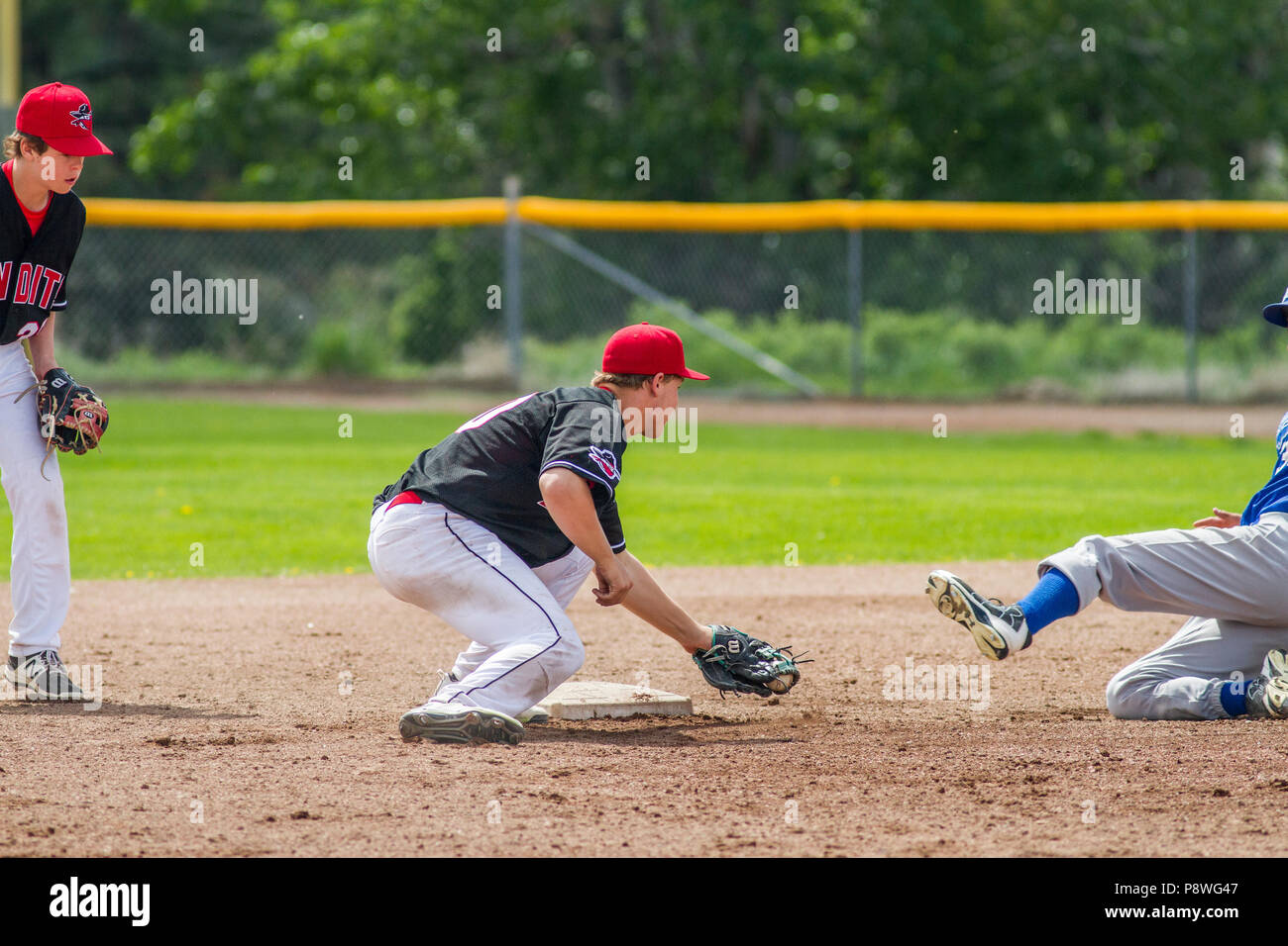 Baseball action shot, ballplayer tagging sliding player at second base, boys afternoon junior baseball game. Cranbrook, BC. Stock Photo