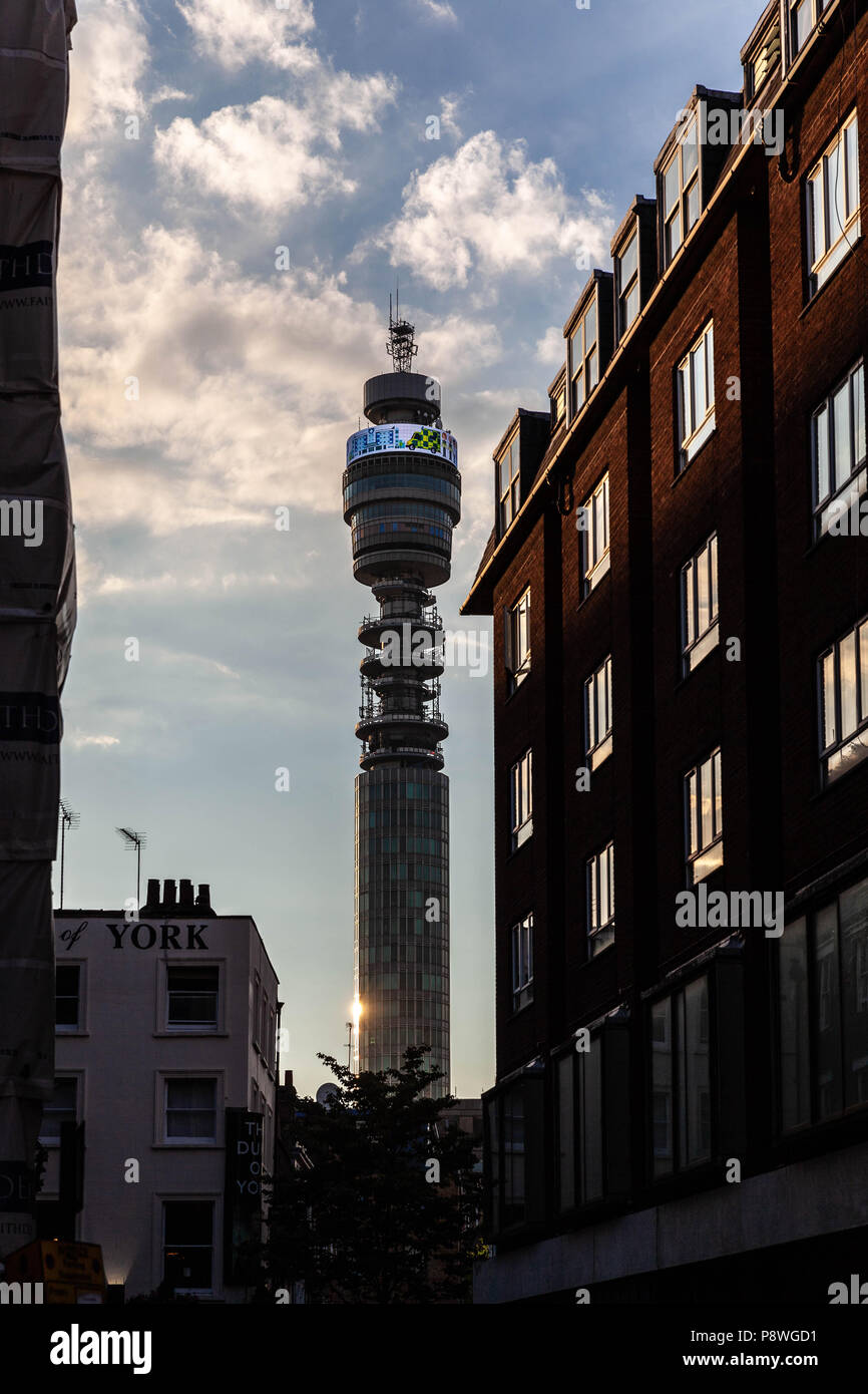 BT Tower seen from Rathbone Place, Fritzrovia, London, England, UK. Stock Photo