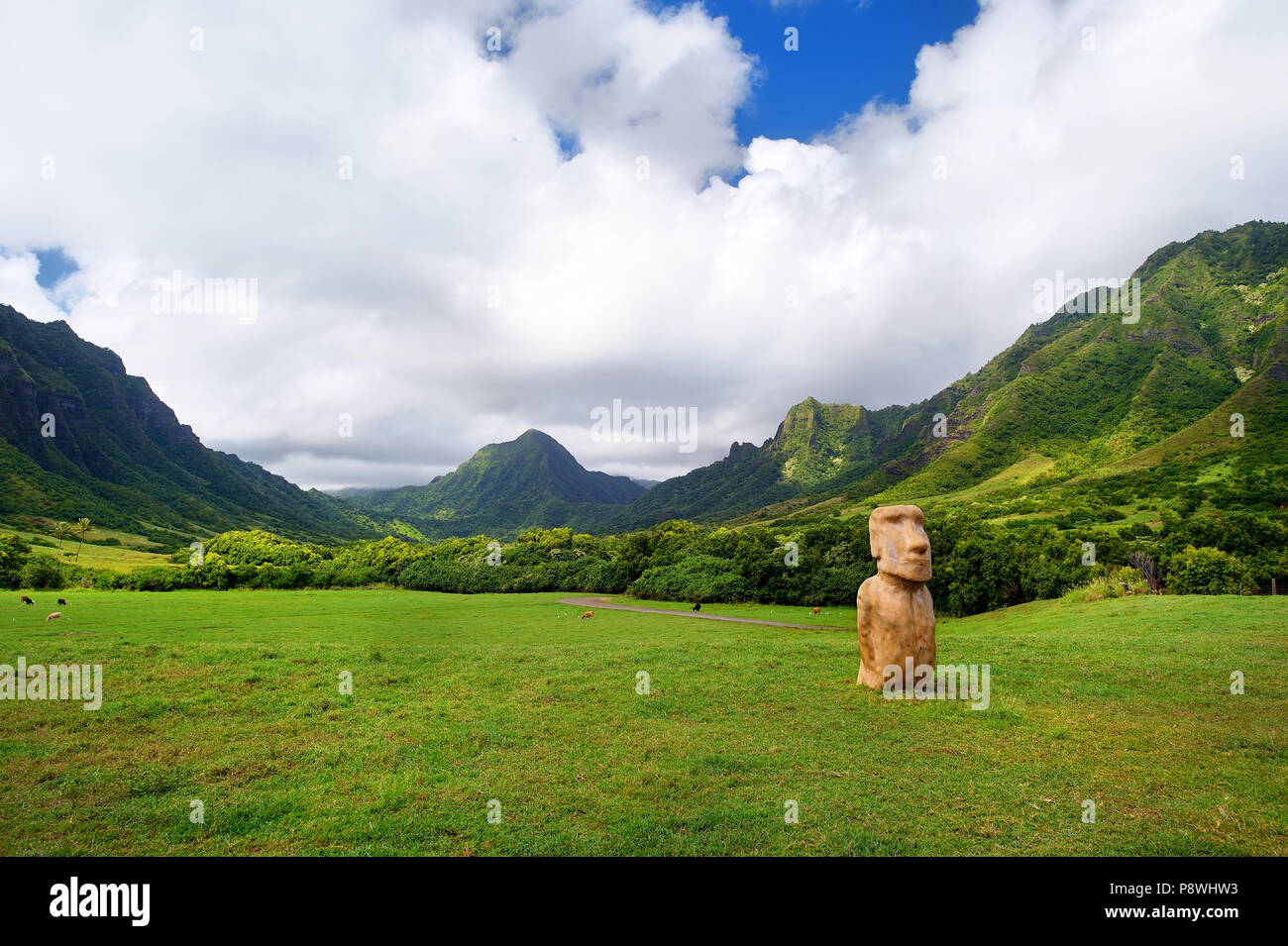 Easter island head on Kualoa Ranch, Oahu, Hawaii Stock Photo Alamy