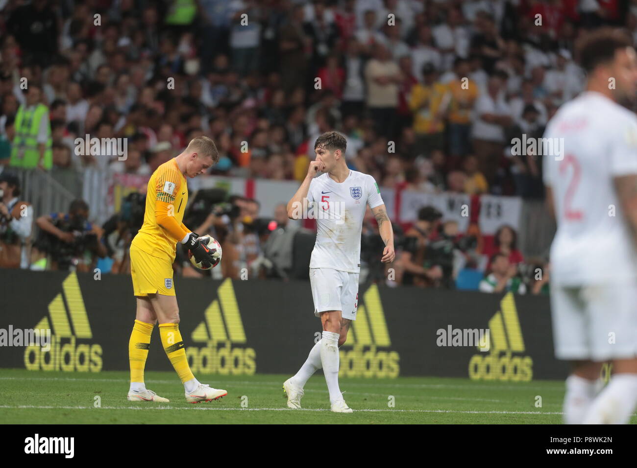 FIFA World Cup Russia 2018. Semifinals. Croatia vs England at Luzniki Stadium. English goalkeeper Jordan Pickford (left) and John Stones (right) during the match. July 11, 2018. Russia, Moscow. Photo credit: Vasily Ponomorev/Kommersant Stock Photo