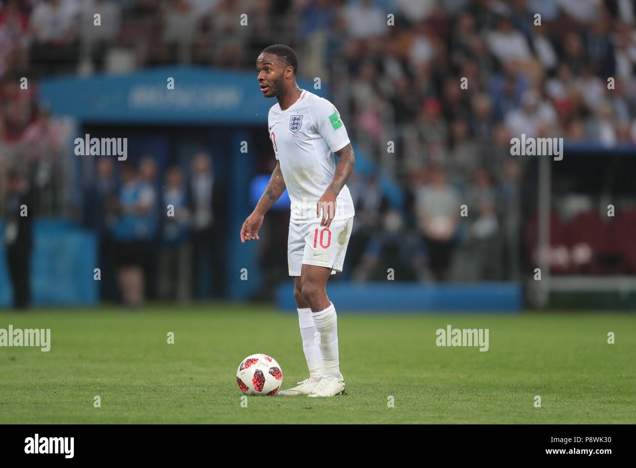 FIFA World Cup Russia 2018. Semifinals. Croatia vs England at Luzniki Stadium. English Raheem Sterling during the match. July 11, 2018. Russia, Moscow. Photo credit: Vasily Ponomorev/Kommersant Stock Photo