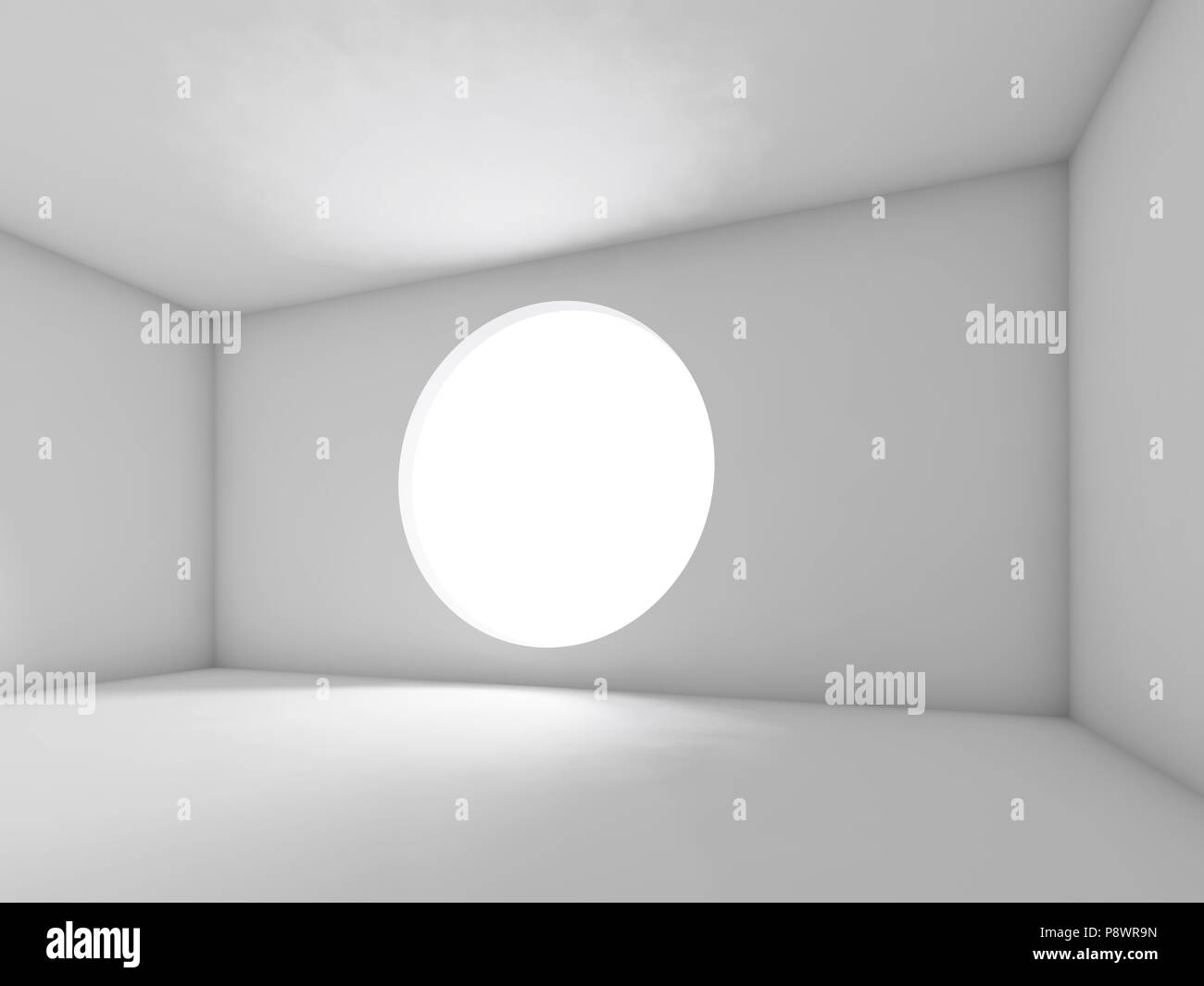 Abstract empty white interior, room with round window. Background, 3d ...