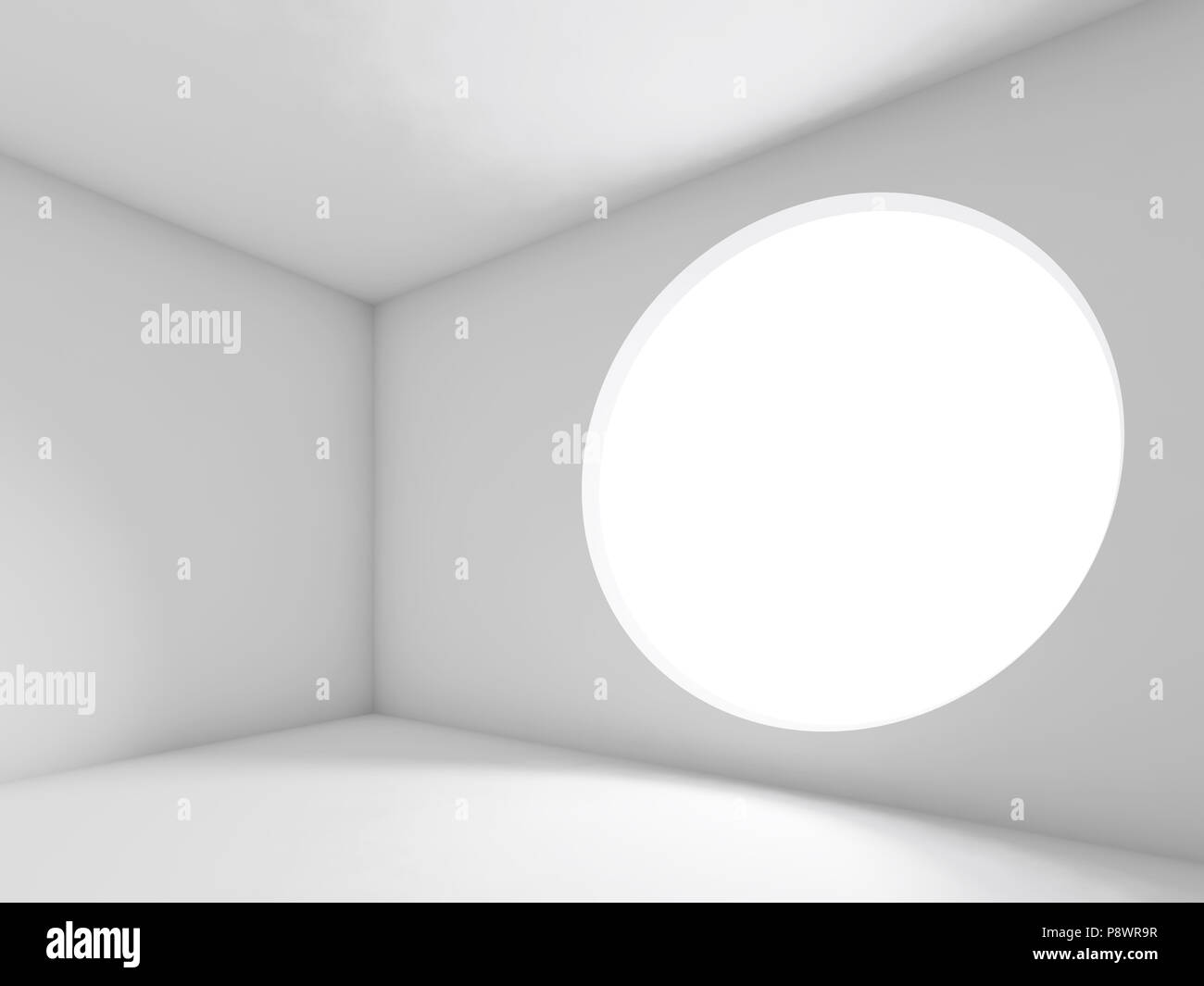 Abstract white interior, empty room with round window. Background, 3d ...