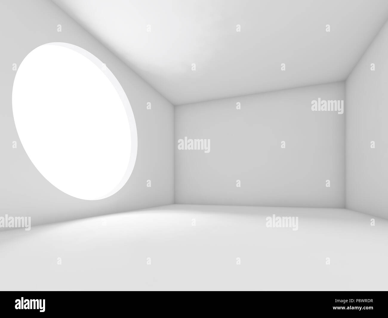 Abstract white interior, empty room with large round light window in ...