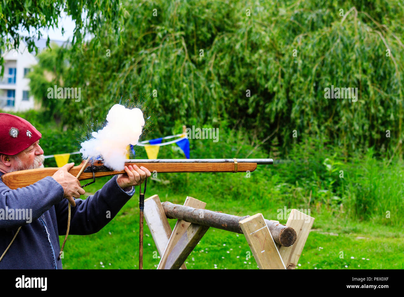 Man In Medieval Costume Firing Harquebus Arquebus Early 