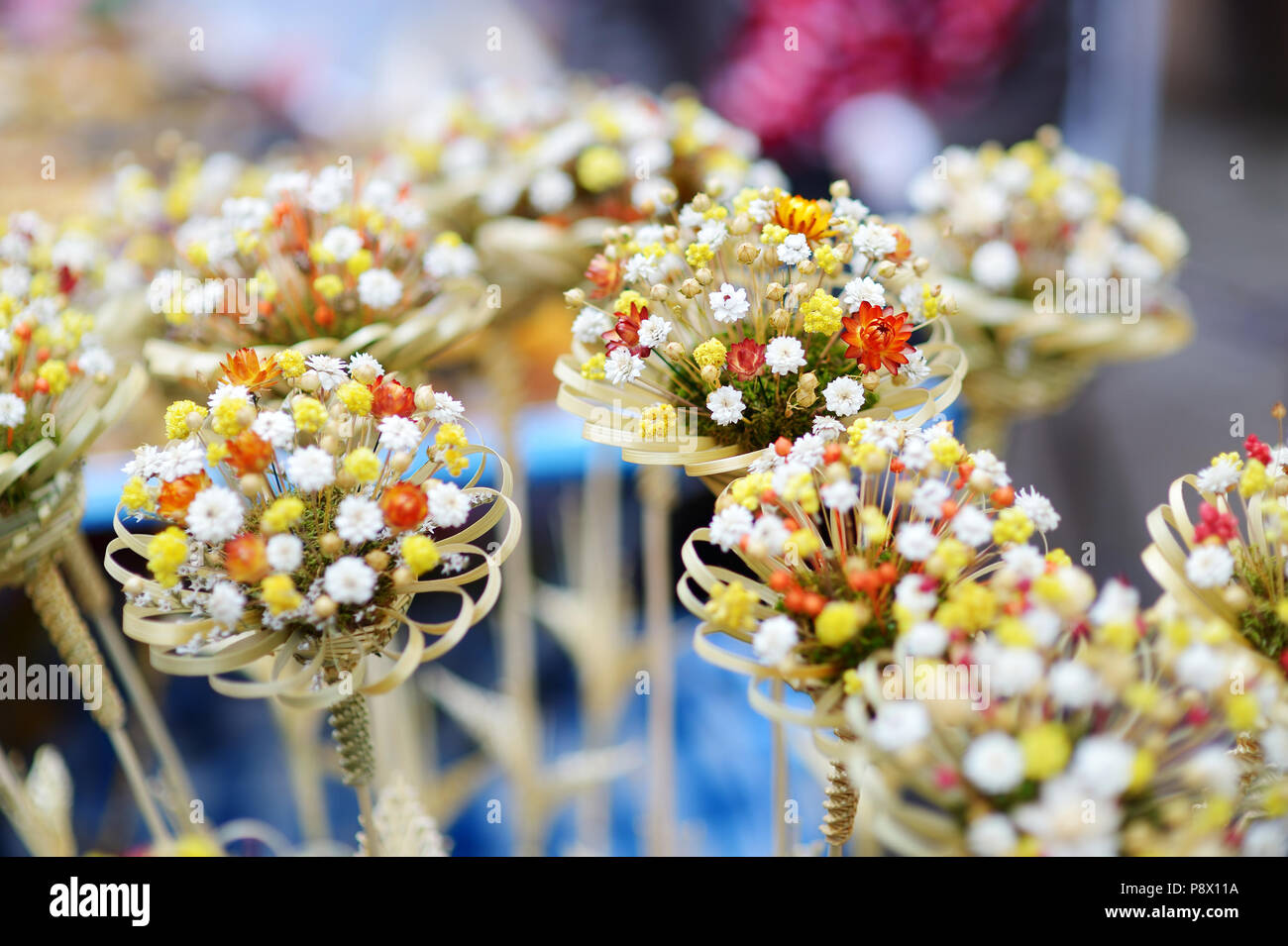 Traditional Lithuanian Easter palm known as verbos sold on spring market in Vilnius, Lithuania Stock Photo