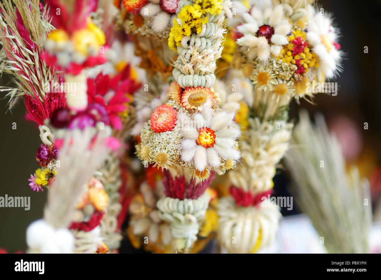 Traditional Lithuanian Easter palm known as verbos sold on spring market in Vilnius, Lithuania Stock Photo