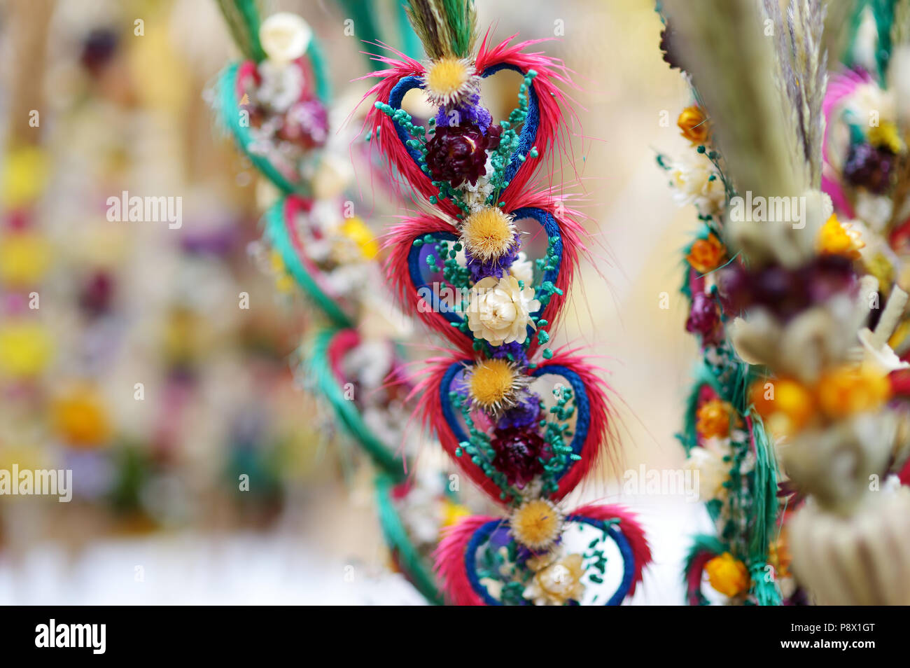 Traditional Lithuanian Easter palm known as verbos sold on spring market in Vilnius, Lithuania Stock Photo