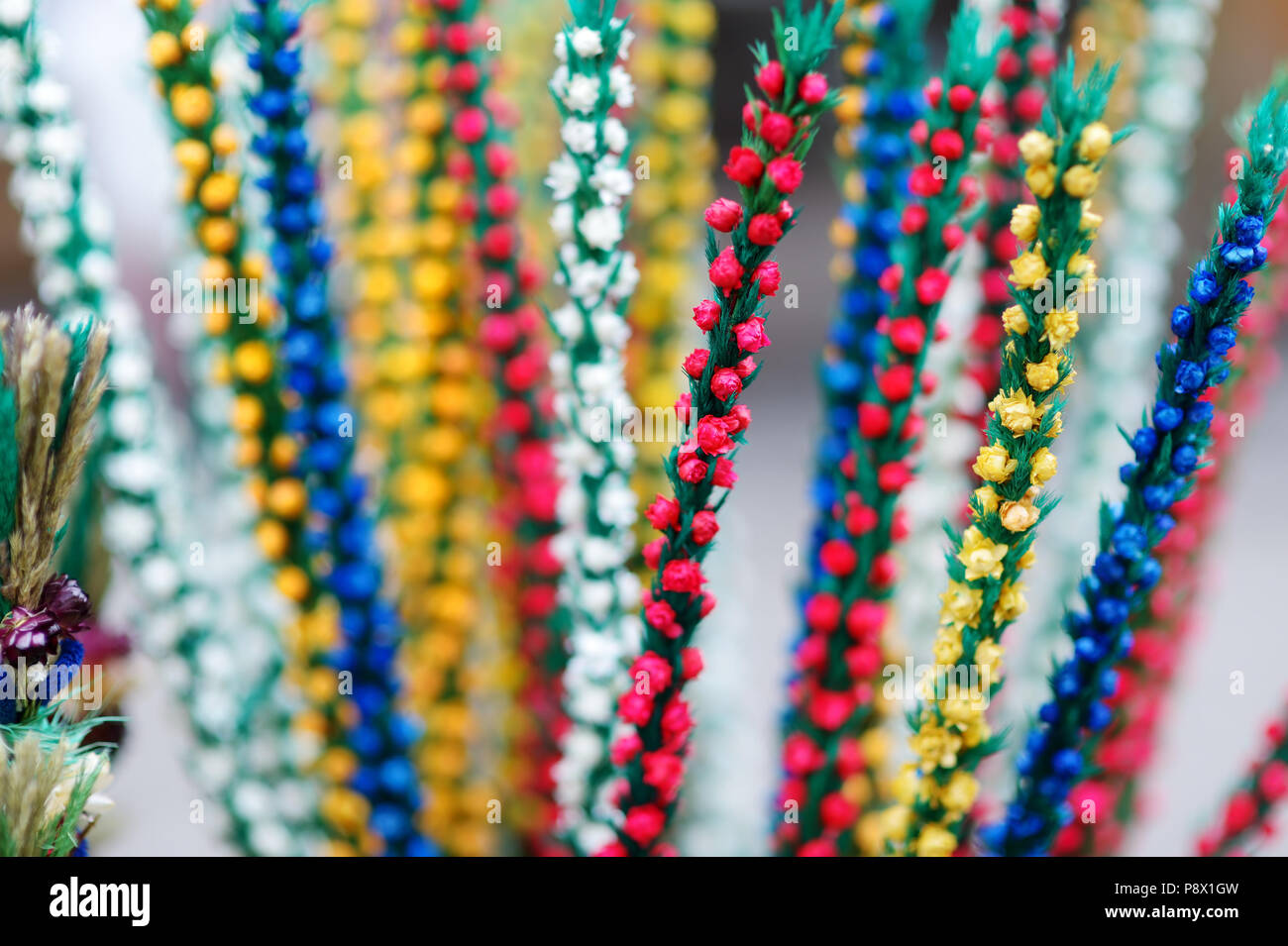 Traditional Lithuanian Easter palm known as verbos sold on spring market in Vilnius, Lithuania Stock Photo