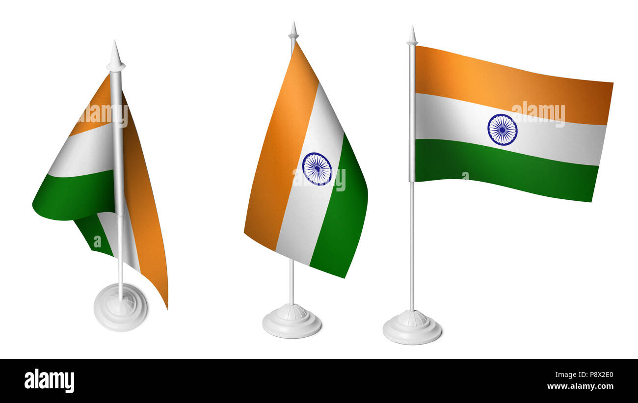 Isolated 3 Small Desk India Flag waving 3d Realistic Indian Desk Flag Stock Photo