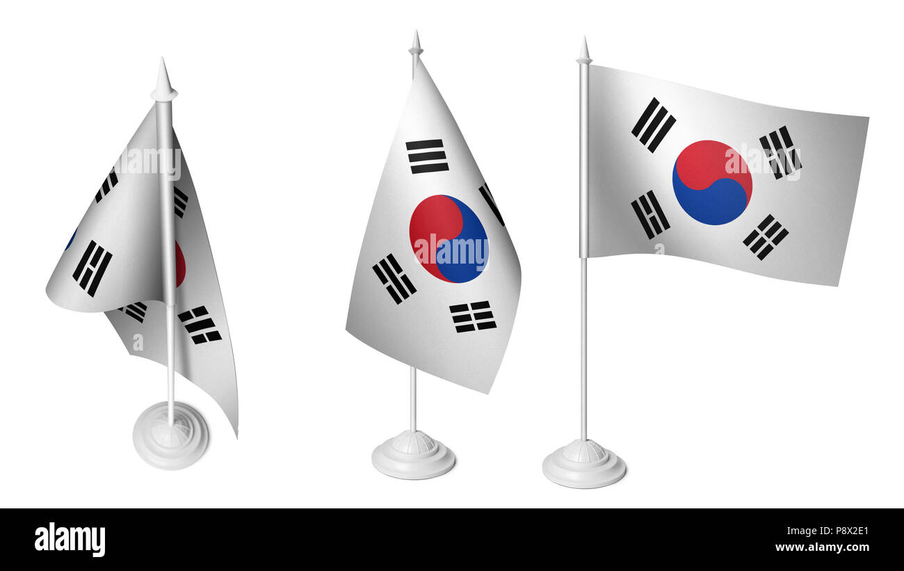 Isolated 3 Small Desk South Korea Flag waving 3d Realistic South Korean Desk Flag Stock Photo