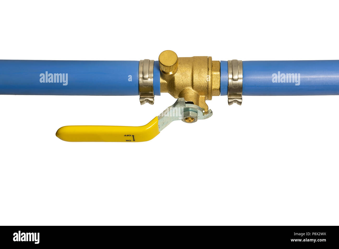 Shut Off Valve On Blue Cold Water Pex Pipe Stock Photo