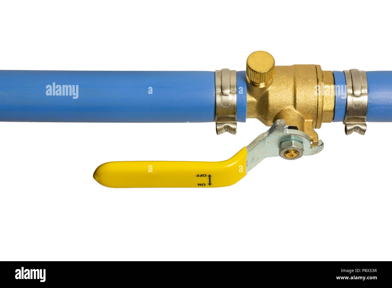 Shut Off Valve On Blue Cold Water Pex Pipe Stock Photo