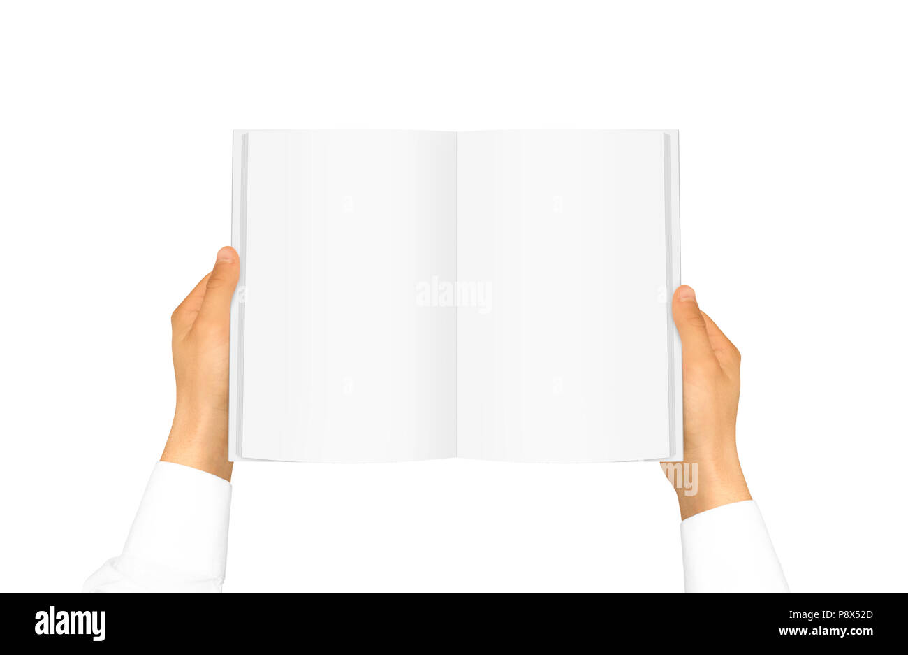 Hand in white shirt sleeve holding blank book in the hand. Empty brochure presentation. Pamphlet hand man. Man show pages. Sheet template. Booklet in  Stock Photo