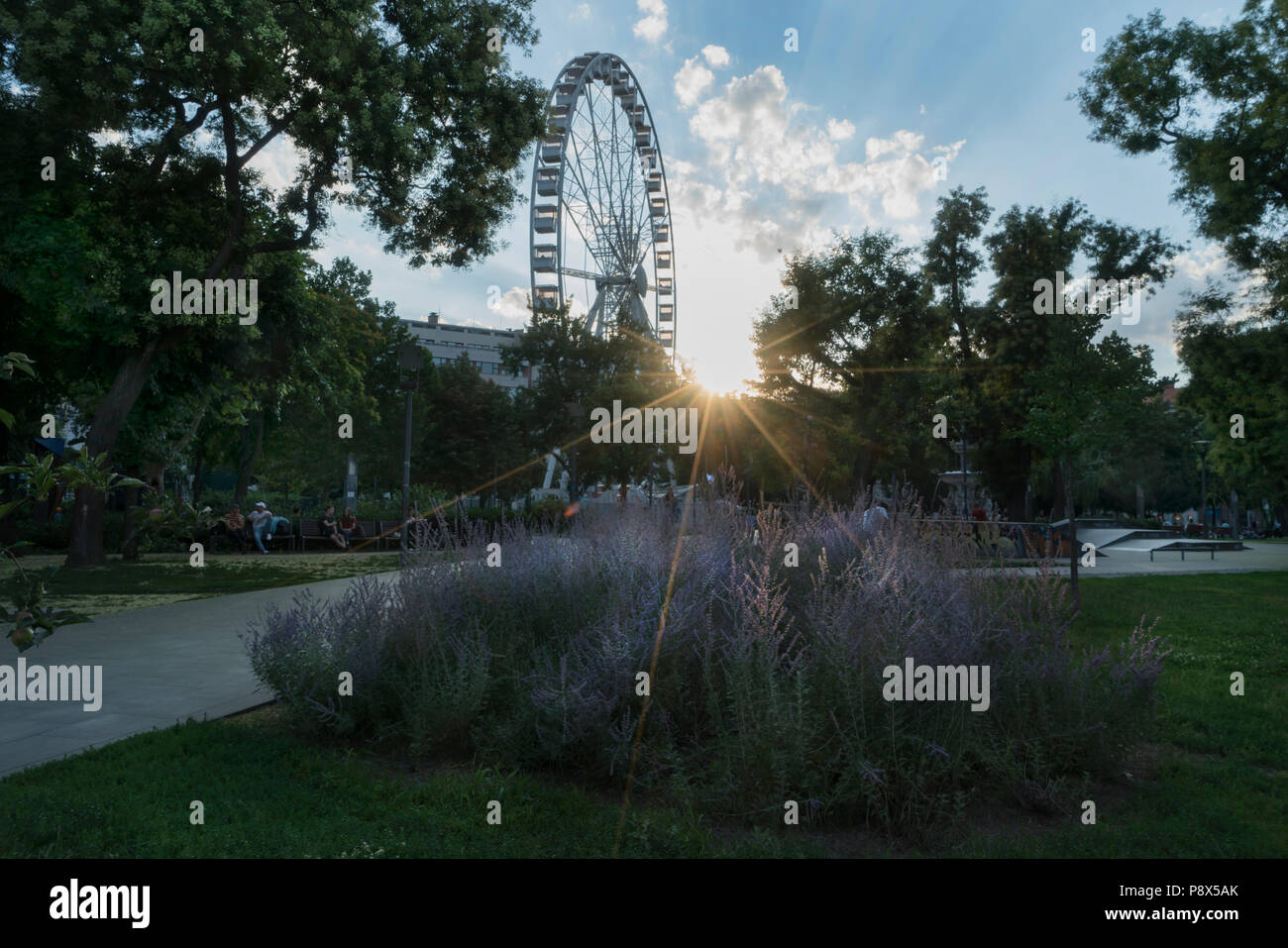 at sunset in Erzsebet square in Budapest, Hungary Stock Photo