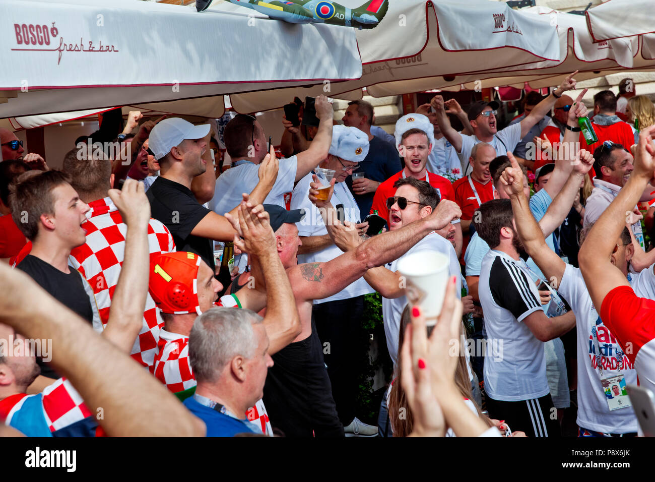 Moscow, Russia - June, 2018: Croatian and english football fans on world cup championship in Moscow, Russia before the game Croatia-England Stock Photo