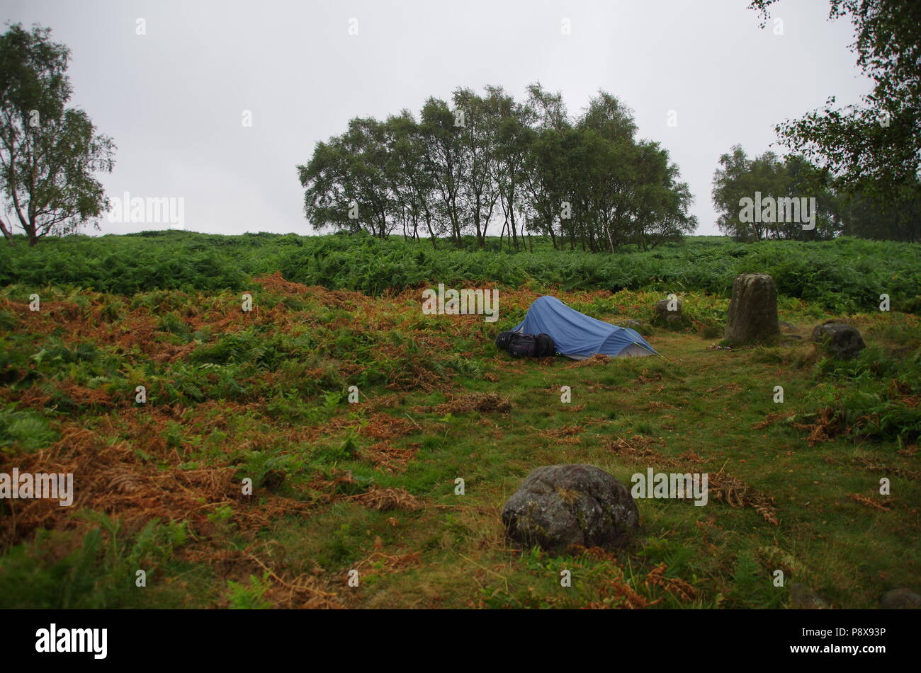 Wild camping at Froggatt Edge stone circle John o' groats (Duncansby head) to lands end. End to end trail. Derbyshire. England. UK Stock Photo