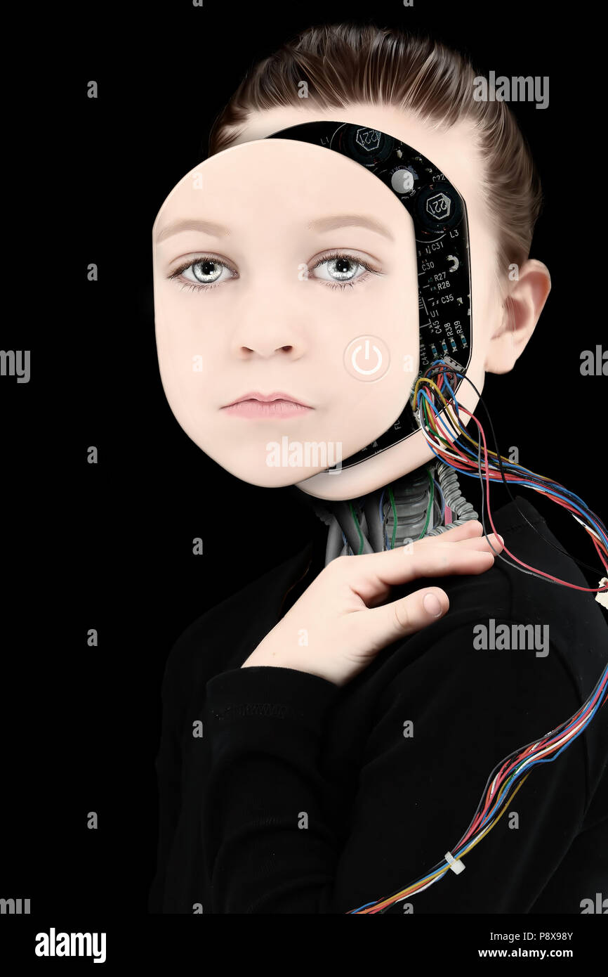 Girl with Open Face exposing wires and electronics Stock Photo