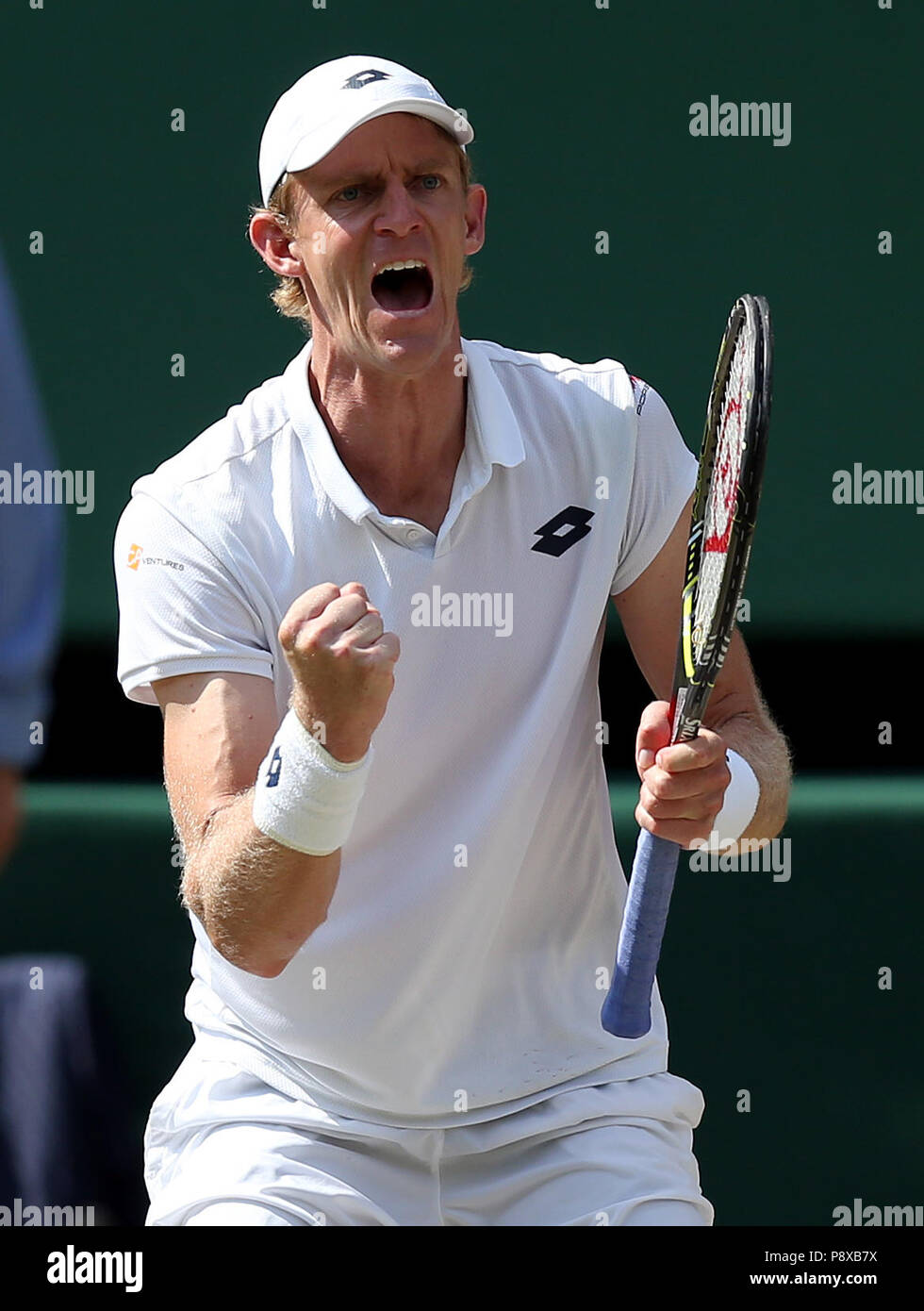 Kevin Anderson celebrates on day eleven of the Wimbledon Championships at the All England Lawn Tennis and Croquet Club, Wimbledon. Stock Photo