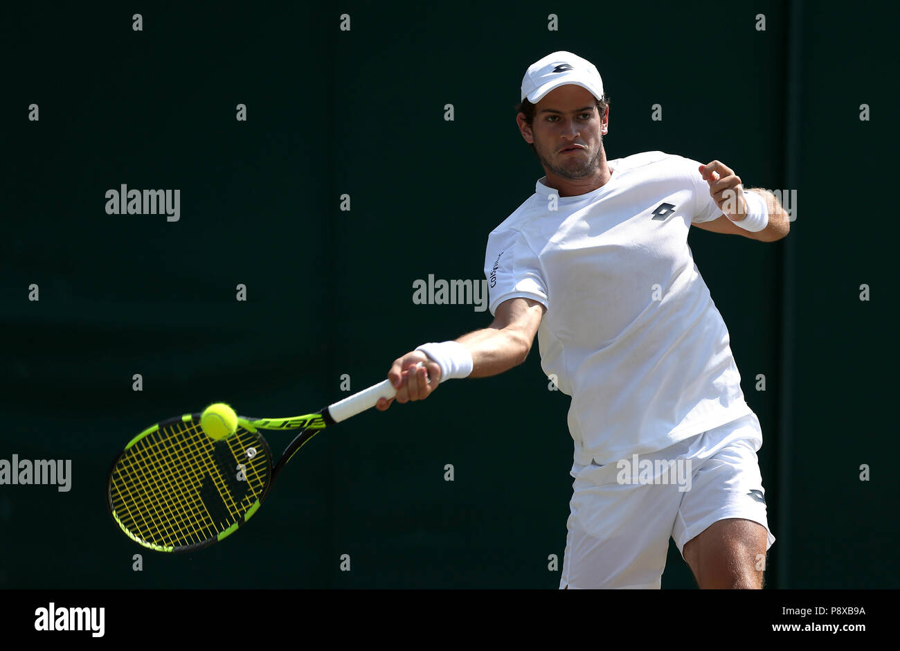 Nicolas Mejia in action on day eleven of the Wimbledon Championships at the All England Lawn Tennis and Croquet Club, Wimbledon. PRESS ASSOCIATION Photo. Picture date: Friday July 13, 2018. See PA story TENNIS Wimbledon. Photo credit should read: Jonathan Brady/PA Wire. Stock Photo