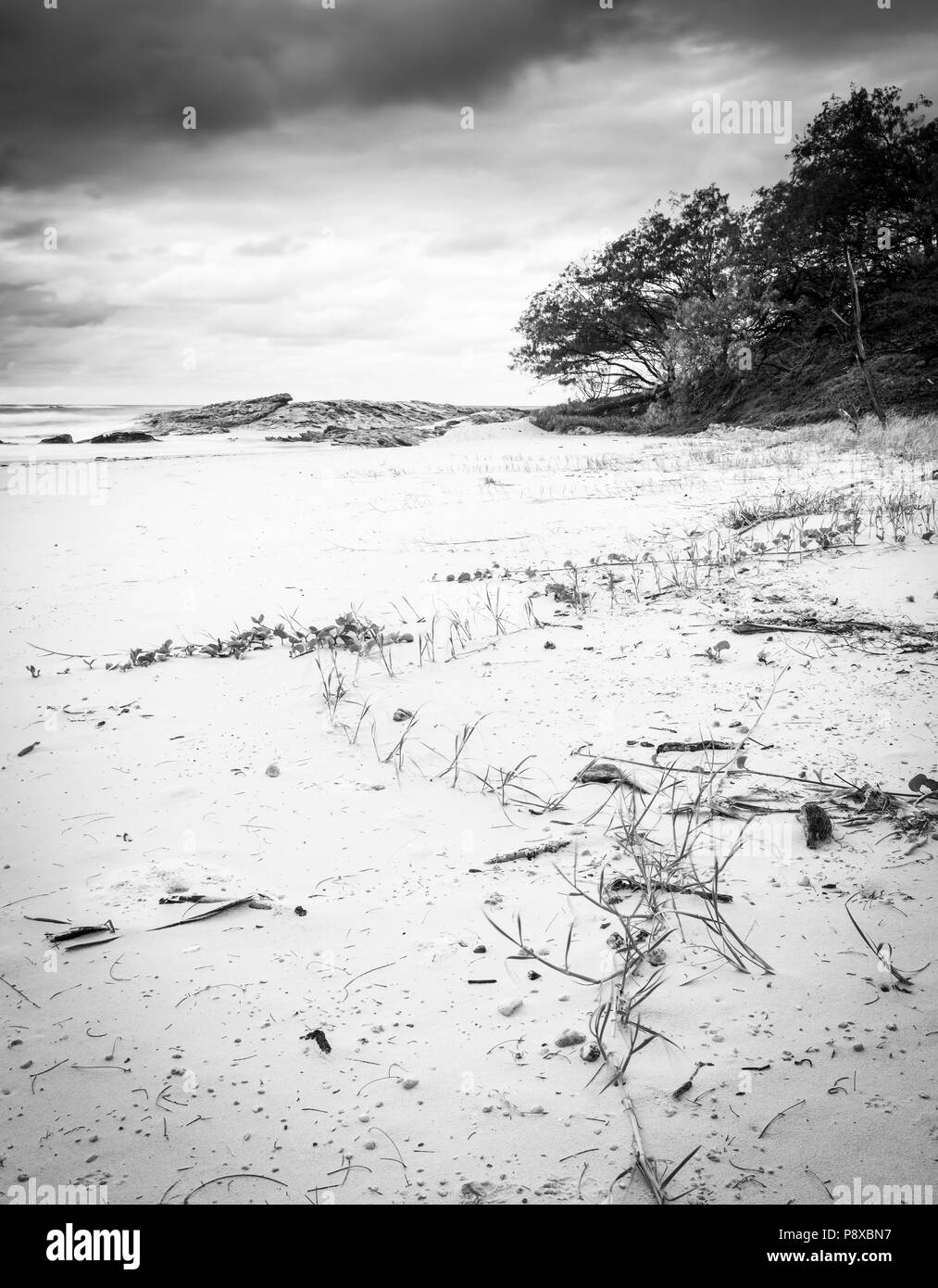 Australian beach sunrise on Deadmans Beach, Stradbroke Island in Queensland in black and white Stock Photo