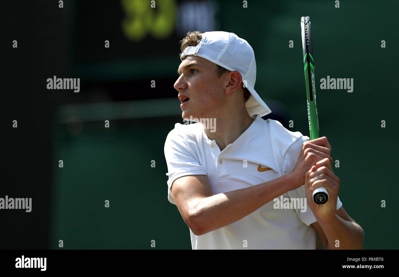 Jack Draper in action on day eleven of the Wimbledon Championships at the All England Lawn Tennis and Croquet Club, Wimbledon. PRESS ASSOCIATION Photo. Picture date: Friday July 13, 2018. See PA story TENNIS Wimbledon. Photo credit should read: Jonathan Brady/PA Wire. Stock Photo