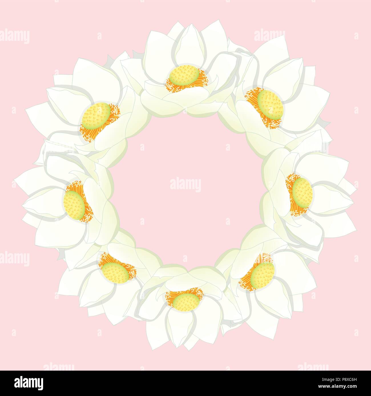 White Indian lotus Wreath. (Nelumbo nucifera,sacred lotus, bean of India, Egyptian bean. National flower of India and Vietnam) Vector Illustration. Stock Vector